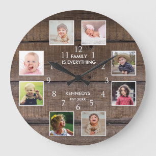 Grande Horloge Ronde Collage de 8 photos personnalisé Bois Brown rusti