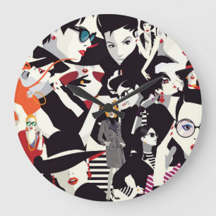 Grande Horloge Ronde Collage de filles à la mode : pop art