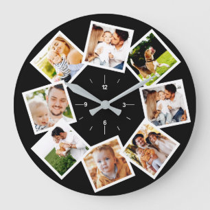 Grande Horloge Ronde Collage de photos de famille Chic noir et blanc