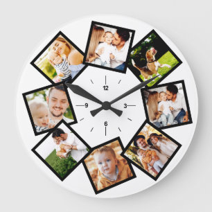 Grande Horloge Ronde Collage de photos de famille Chic noir et blanc
