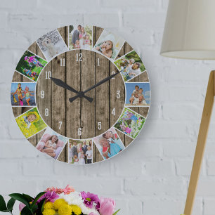 Grande Horloge Ronde Collage personnalisé de 12 photos en bois naturel