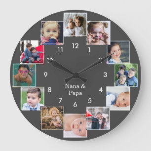 Grande Horloge Ronde Collage photo amusant famille gris