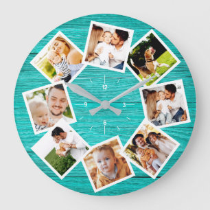 Grande Horloge Ronde Collage Photo Famille Rustic Chic Farmhouse Turquo