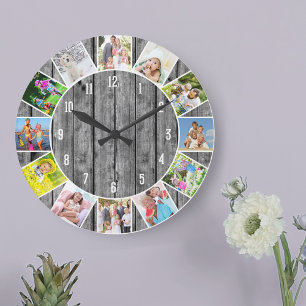 Grande Horloge Ronde Collage photo personnalisé de 12 photos en bois gr