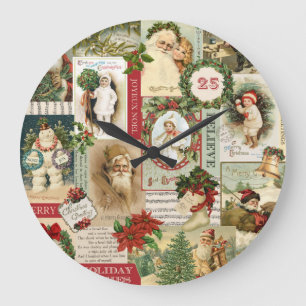 GRANDE HORLOGE RONDE COLLAGE VINTAGE DE NOËL