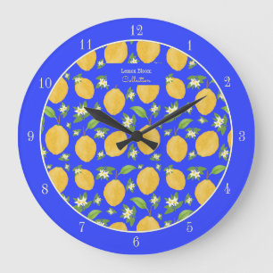 Grande Horloge Ronde Collection Lemon Bloom bleu à motifs