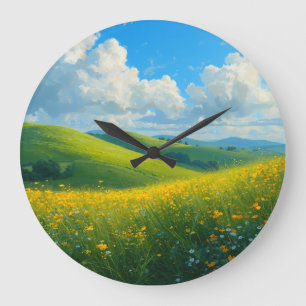 Grande Horloge Ronde Collines vertes vibrantes et paysage de fleurs jau