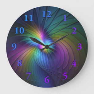 Grande Horloge Ronde Coloré Avec Bleu Moderne Art Fractal Abstrait