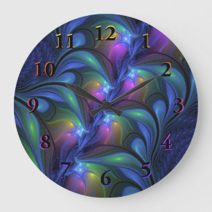 Grande Horloge Ronde Coloré Lumineux Abstrait Bleu rose Vert Fractal
