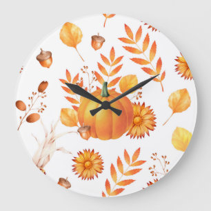 Grande Horloge Ronde Coloré Octobre Citrouille Automne Motif