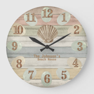 Grande Horloge Ronde Colorful Beach Wood Nautical Stripes & Seashell L