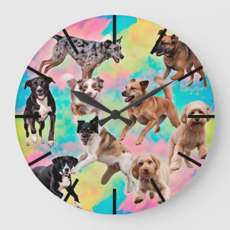 Grande Horloge Ronde Colorful Dogs Wall Clock – Fun Puppy Pet Home Deco