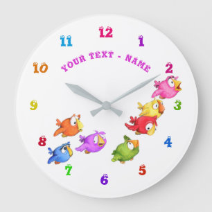Grande Horloge Ronde Colorful Happy Flying Birds - Add Text