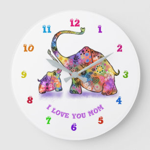 Grande Horloge Ronde Colorful Mother and Baby Elephant Wall Clock