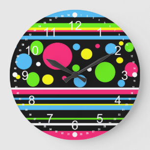 Grande Horloge Ronde Colorful Neon Stripes Polka Dots Pink Teal Lime