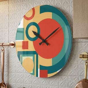 Grande Horloge Ronde Conception Abstraite de Style Rétro Géométrique au