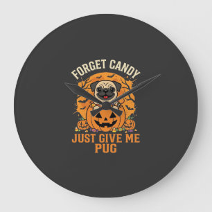 Grande Horloge Ronde Conception de bonbons drôle de Pug Halloween_1
