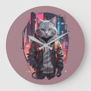 Grande Horloge Ronde Conception de chat de rue urbaine