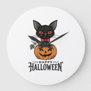 Grande Horloge Ronde Conception de chemise de citrouille de chat noir H