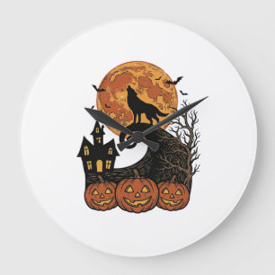 Grande Horloge Ronde Conception de chemise Vintage Halloween Wolf Moon