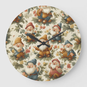 Grande Horloge Ronde Conception de gnome mignon et de fleurs