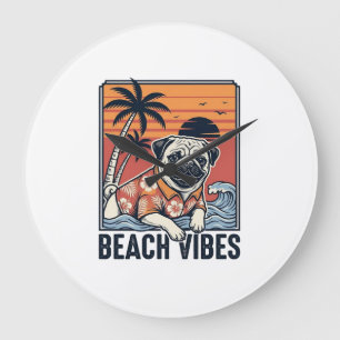 Grande Horloge Ronde Conception de gravure vintage pug ambiance plage_1