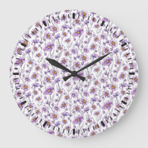 Grande Horloge Ronde Conception de motif botanique de fleur sauvage vio