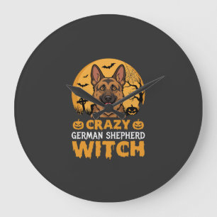 Grande Horloge Ronde Conception de sorcière berger allemand fou Hallowe