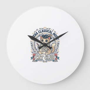 Grande Horloge Ronde Conception de T-shirt de chat mignon de musique cl