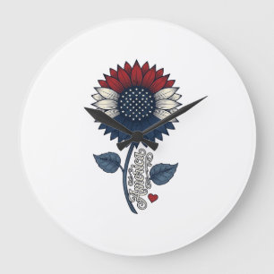 Grande Horloge Ronde Conception de T-shirt patriotique Fleur de soleil 