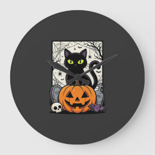 Grande Horloge Ronde Conception de vecteur de citrouille de chat noir H