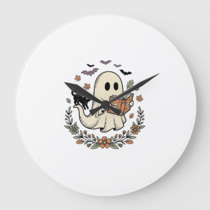 Grande Horloge Ronde Conception de vecteur floral Halloween Chat fantôm