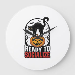 Grande Horloge Ronde Conception d'humour de fête sinistre de chat Hallo