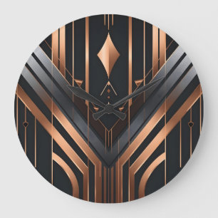 Grande Horloge Ronde Conception géométrique Art déco en cuivre et argen