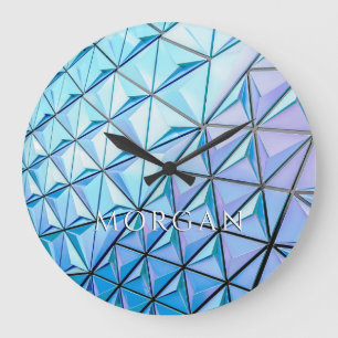 Grande Horloge Ronde Conception Géométrique Bleu Noir Violet, Nom Blanc