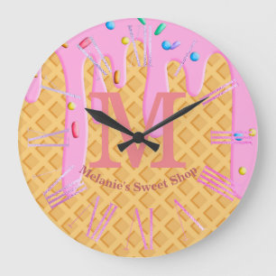 Grande Horloge Ronde Cône De Crème De Glace Avec Frottage Rose Et Sprin