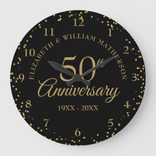 Grande Horloge Ronde Confetti de poussière noire et or du 50e anniversa