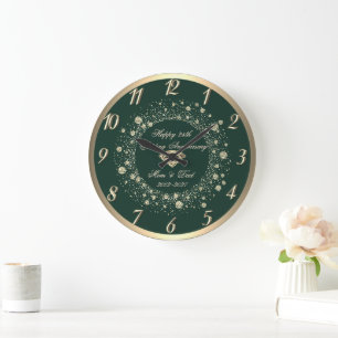 Grande Horloge Ronde Confettis dorés sur fond vert pour les 25 ans de m
