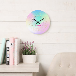 Grande Horloge Ronde Confettis holographiques personnalisés élégants et