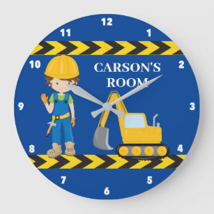 Grande Horloge Ronde Construction Véhicules Garçons Custom Blue Enfants