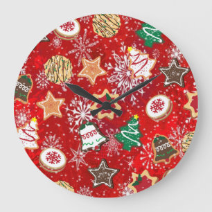 Grande Horloge Ronde Cookies de Noël et flocons de neige sur fond rouge
