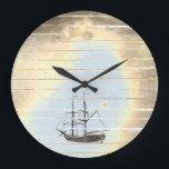Grande Horloge Ronde Cool Beach Theme Ship Wall Clock<br><div class="desc">Beach Theme Shabby Round Wood Wall Clock For Nautical Lovers Great as a gift for the men in your life or a home decor item for your beach house.</div>