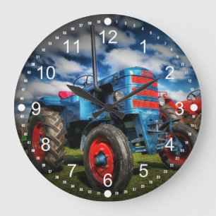 Grande Horloge Ronde Cool Bleu Rouge Tracteur d'antiquités cadeaux pour