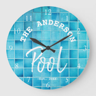 Grande Horloge Ronde Cool Blue Tile Swimming Pool Family Nom Custom