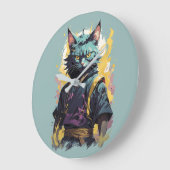 Grande Horloge Ronde Cool Feu Splash Gris Ninja Chat Guerrier (Angle)