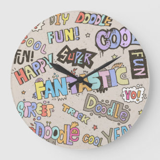 Grande Horloge Ronde Cool Fun Doodle Lettres Vintage