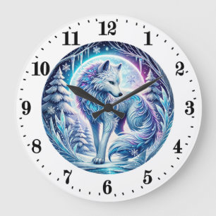 Grande Horloge Ronde Cool loup amoureux des animaux hiver