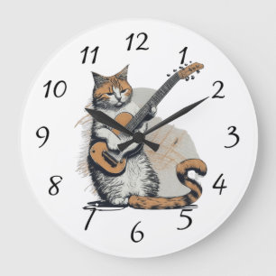 Grande Horloge Ronde Cool Orange Chat Jamming sur la guitare