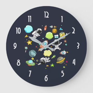 Grande Horloge Ronde Cool Outer Space Astronauts et Rocket Pattern