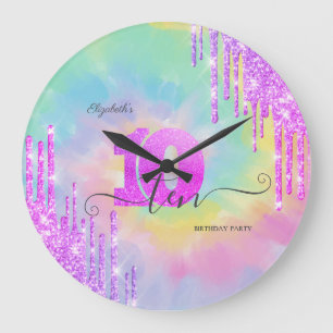 Grande Horloge Ronde Cool Parties scintillant gouttes Tie Dye 10e anniv
